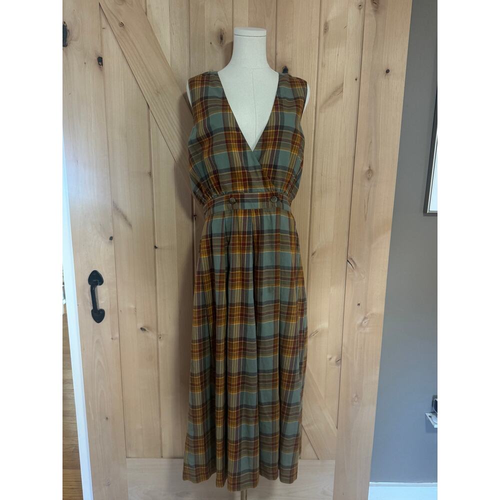 Vintage 90s Charter Club Brown Sage Green Plaid Jumper Dress | Size 14